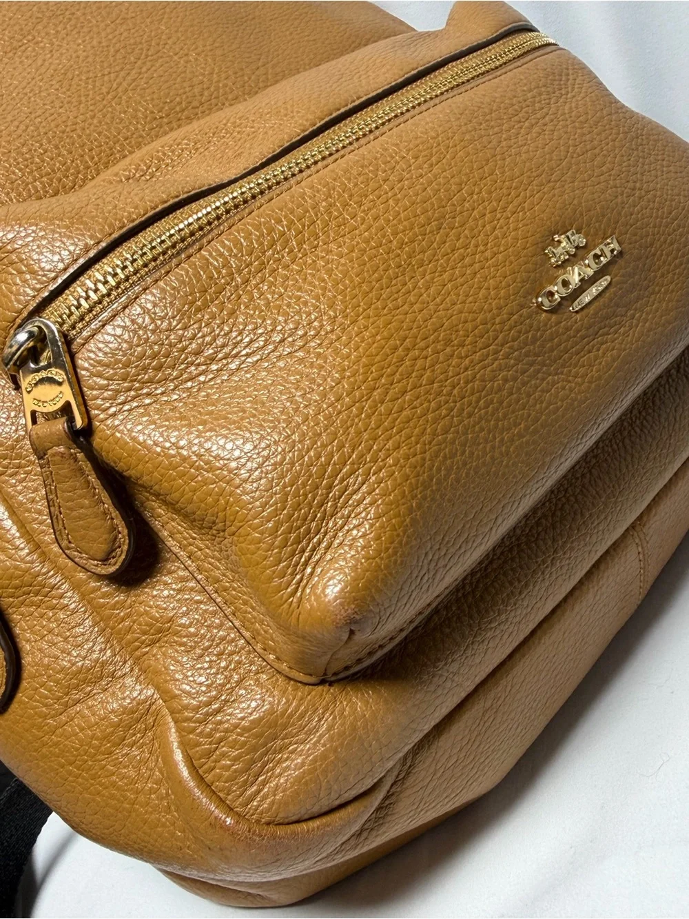 Coach Pebbled Leather Backpack in Tan Brown with Gold Hardware